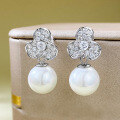 wholesale S925 silver jewelry, trendy style, precision-set with 11mm pearl shell beads, European and American fashionable floral earrings-0-3