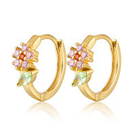 wholesale 925 Sterling Silver Micro-Inlaid Zircon Flower Leaf Hoop Earrings with Ear Clasp, Fresh and Sweet Pastoral Floral INS Style-Gold 925 silver