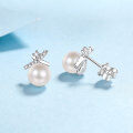 wholesale 925 Sterling Silver Exquisite Pearl Earrings for Women with Micro-Paved Moissanite, Small and Minimalist Advanced Sense, Cross Asymmetrical Earrings-0-2