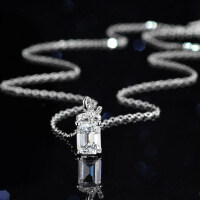 Sterling Silver Natural Blue Topaz Moissanite Necklace Pendant, 1ct Emerald Cut-Set with white moissanite  925 silver