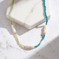 wholesale S925 Sterling Silver Baroque Freshwater Pearl Necklace with Turquoise and Peridot, Elegant Women's Collarbone Chain-0-2
