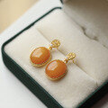 wholesale S925 silver inlaid natural Russian-origin chicken-fat yellow amber earrings, vintage-style amber earrings without impurities or cracks-0-0