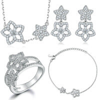 wholesale S925 Silver Star Jewelry Set Four-Piece Ins Star Ring-Ring TL-575 + Earrings TLED174 + Necklace TLXL207 + Bracelet TLSL009  US Size 5#