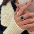 wholesale S925 Sterling Silver Oval Black Agate Open Adjustable Ring for Women, Small and Chic, Ins Trendy, Versatile, Heavy Duty, High-End Sense Ring-0-2