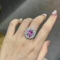 wholesale S925 Silver Lab-Grown Pink Ruby Simulated Diamond 7x9 Oval Ring Cluster Floral Wedding Ring-0-3