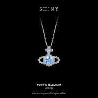 925 Silver Super Flash Full Diamond Saturn Necklace Women's Versatile Luxury Planet Collarbone Chain-S925 sterling silver + 1-carat blue moissanite