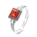 wholesale S925 Sterling Silver Retro Vintage Style Square Ring with Nanhong Accents and Tribal Pattern, Featuring an Adjustable Opening and an Antique Elegant Aura-0-4