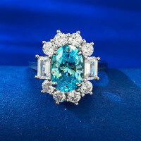 wholesale S925 Silver New Style Simulated Diamond Oval 7*10mm Cut Floral Round Point Bottom Ring-R116 Ocean Blue No.7