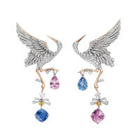 wholesale Metal: 925 Silver Gold Plated Falling chain earrings with high-carbon diamonds, featuring immortals, cranes, royal blue, and pink sapphires Versatile ear drops for women-Royal Blue 925 Silver
