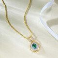 wholesale S925 Silver Gold-Plated Bohemian Style 6*8mm Green Zircon Oval Pendant Adjustable Necklace for Women-0-1