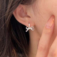 wholesale S925 Sterling Silver Bow Earrings for Women, Korean New Style, Ins Trend, Elegant and Versatile High-End Sense Ear Studs Earrings-Sterling silver