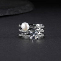 wholesale S925 Sterling Silver Natural Freshwater Pearl Ring Fashion Luxury Advanced Sense Three-Ring Inlaid Gemstone Set Ring-Natural freshwater pearl + white zirconium  US size 7