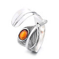 wholesale S925 Sterling Silver Retro Classic Feather Inlaid with Garnet Creative Unisex Wide Band Ring-0-4