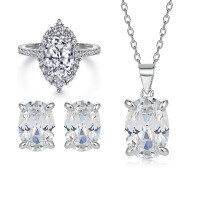 wholesale 925 Sterling Silver Jewelry Set with Oval Gemstone Pendant Necklace, Women's Stud Earrings, and Princess-Cut Zirconia Row Diamond Ring-Earrings TLED121 925 silver