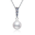S925 Sterling Silver Moissanite French Pearl Vintage Pendant Necklace-0-3