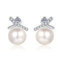 wholesale 925 Sterling Silver Exquisite Pearl Earrings for Women with Micro-Paved Moissanite, Small and Minimalist Advanced Sense, Cross Asymmetrical Earrings-0-4