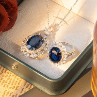 wholesale Metal Material, 12*16mm Oval Luxury Pigeon Egg Ring and Necklace Set, Cultured Ruby and Sapphire, Popular on Xiaohongshu-Cultivated Sapphire Ring  US Size 8