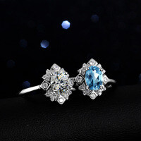 Sterling Silver Natural Blue Topaz Moissanite Ring, 1 Carat Full Diamond Oval Halo-Set with white moissanite  Adjustable opening