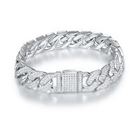 wholesale 925 Silver Plated Double Row Full Moissanite Cuban Chain 12mm Men's Bracelet Hip Hop Jewelry-Silver with zircon and platinum 7 inches