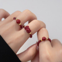 wholesale S925 Sterling Silver with Cinnabar Pi Xiu Six-Syllable Mantra Ring, National Style Accessory for Women R00958-S925 silver ring with cinnabar six-word mantra