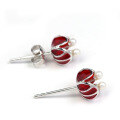 wholesale S925 Sterling Silver Plated with K Gold, Dunli Jewelry New Year Red Elegant Floral Ear Stud with Pearl Wholesale from Manufacturer-0-2