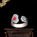 wholesale S925 Sterling Silver Southern Red Agate Auspicious and Adjustable Open Ring, Vintage Retro Style, National Charm-0-1