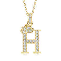 Gold-Plated Copper Crown Zircon Quartz Letter Pendant Necklace-Letter necklace H