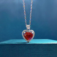 wholesale 925 Silver Pigeon Blood Red 8*8 Heart Shape Round Diamond Pendant Necklace for Women, Classic and Minimalist Fashion Style-N244 Red Diamond 925 Silver