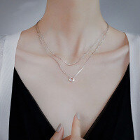 wholesale Metal material, minimalist double-layer circle necklace for women with micro-set zircon, trendy understated line collarbone chain-Double-layer necklace (copper platinum plated)