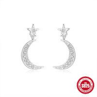 wholesale S925 Sterling Silver Star and Moon Diamond-Studded Earrings, Korean Style, Niche, High-End-Silver plated 925 silver