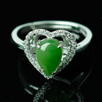 wholesale 925 Silver Hollow Openwork Inlaid Green Jade Ring with Certificate Adjustable Waterdrop Heart-shaped Zircon Green Jade Openable Women's Ring-Jade 7*9mm Opening adjustable