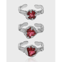 wholesale S925 Sterling Silver Korean Version Ins Niche Design Irregular Micro-Set Zirconia Textured Open Adjustable Ring for Women-JLB0036【Redstone】 Opening adjustable