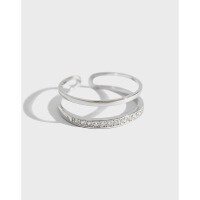 wholesale S925 Sterling Silver 186 Korean Version Fashionable and Personalized CHIC Style Micro-Inlaid Double-Layer Line Articulated Open Ring-White gold Adjustable opening