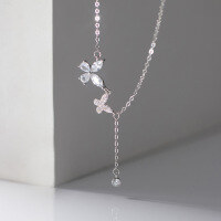 wholesale S925 Sterling Silver Ins Style Full Diamond Butterfly Flower Necklace, Small and Unique Design Collarbone Chain Y01053-S925 silver necklace silver>925 silver