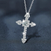 Sterling Silver Moissanite Full Pavé Cross Pendant Necklace, 50ct-[Super Sparkling Zircon] 50-point Necklace  925 Silver