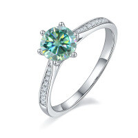 wholesale S925 Sterling Silver 1ct Green Moissanite Straight Shank Six-Prong Ring with GRA Certificate Light Luxury Gemstone Ring-carat Moissanite green diamond  US size 7