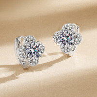 S925 Silver Four-Leaf Clover Stud Earrings with Moissanite, Hypoallergenic.-White gold earrings  1ct Moissanite