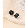 wholesale 925 Sterling Silver Round Black Onyx Stud Earrings for Women, Minimalist and Aloof Style, Elegant and Unique High-End Sense Jewelry-0-3