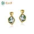 wholesale S925 Silver Geometric Green Moss Agate Earrings for Women, Korean Style Watercolor Ear Studs, European and American Light Luxury Cross-Border Supply-0-0