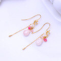 wholesale Metal material summer new Japanese fresh and sweet pink crystal cherry blossom tassel earrings energetic girly heart ear hooks-0-3