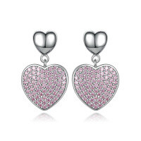 wholesale 925 Sterling Silver Pink Diamond Zircon Heart-shaped Earrings for Women, Exquisite European and American Fashion Tassel Love Earrings, High-end Sense-Platinum 925 silver