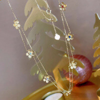 wholesale S925 Sterling Silver All-Over Floral Pendant Necklace for Women with Beaded Layered Collarbone Chain in Elegant Chic Style Series-BX0088-Gold 925 Silver