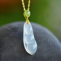 wholesale 925 silver gold-plated certified ice white chalcedony lucky bean pendant with jasper buckle inlaid jade agate necklace gift-Silver pendant (without chain) >925 silver