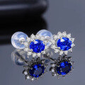wholesale 18K Gold Sapphire Earrings for Women, Natural Sri Lankan Royal Blue, Accompanied by Diamond Accents, Elegant Princess Style-0-1