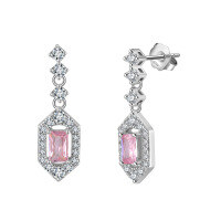 wholesale S925 Sterling Silver Geometric Design Pink Zircon Earrings Women's New High-end Ear Jewelry-Platinum, approximately 2.48g 925 silver