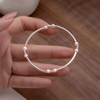 wholesale 925 Sterling Silver Bracelet Pearl Curved Tube Elastic Cord Light Bead Round Bead Bangle Dainty Best Friend Bracelet S5354-S925 silver one 925 silver