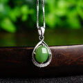wholesale 925 Silver with Certificate Inlaid Jasper Necklace for Women, Vintage Ethnic Style Green Jade Pendant, Hetian Jade Pendant-0-3