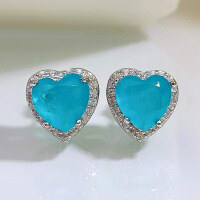 wholesale Metal material simulation Paraiba heart 8*8 earrings, colored gemstone emerald heart ear studs, cross-border e-commerce jewelry, small and fresh style-E037 925 silver