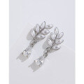 wholesale 925 Sterling Silver Wheat Ear Artificial Pearl Earrings for Women, Small Batch Design Vintage Stud Earrings with Exquisite Zircon Leaf Accents-0-1