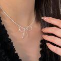wholesale S925 Sterling Silver Crushed Silver Bow Necklace for Women, South Korea Summer New Small Minimalist Collarbone Chain-0-0